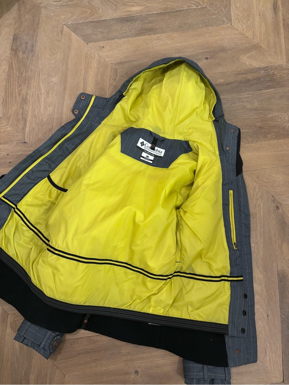 Columbia Gray Pinstripe Hooded Jacket Ski Snow Snowboard Lime Green Unique S - Picture 6 of 6
